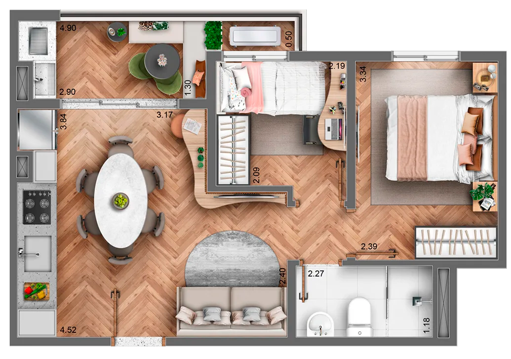 Planta 42,95m² – 2 Dormitórios com Varanda | Vista 553, Freguesia do Ó