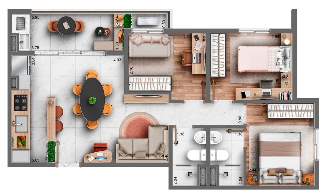 Planta 60,92m² – 3 Dormitórios com Varanda | Vista 553, Freguesia do Ó